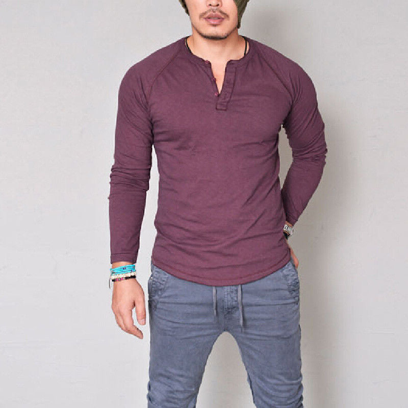 Mens Round Neck Long Sleeve Cotton T-Shirt