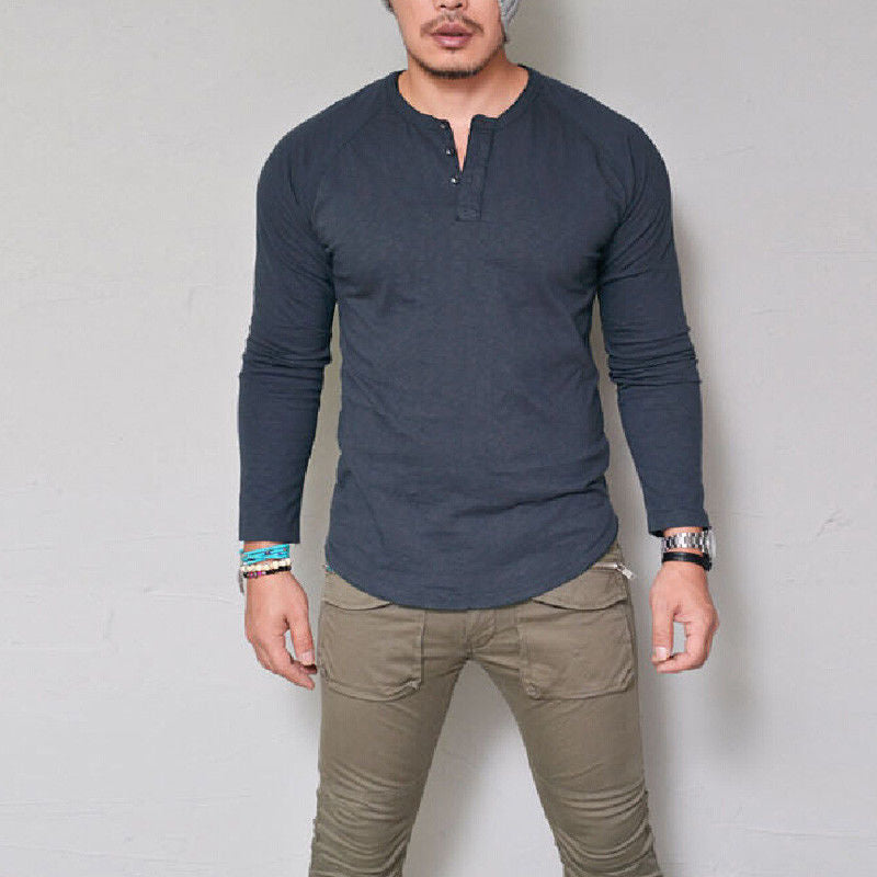 Mens Round Neck Long Sleeve Cotton T-Shirt