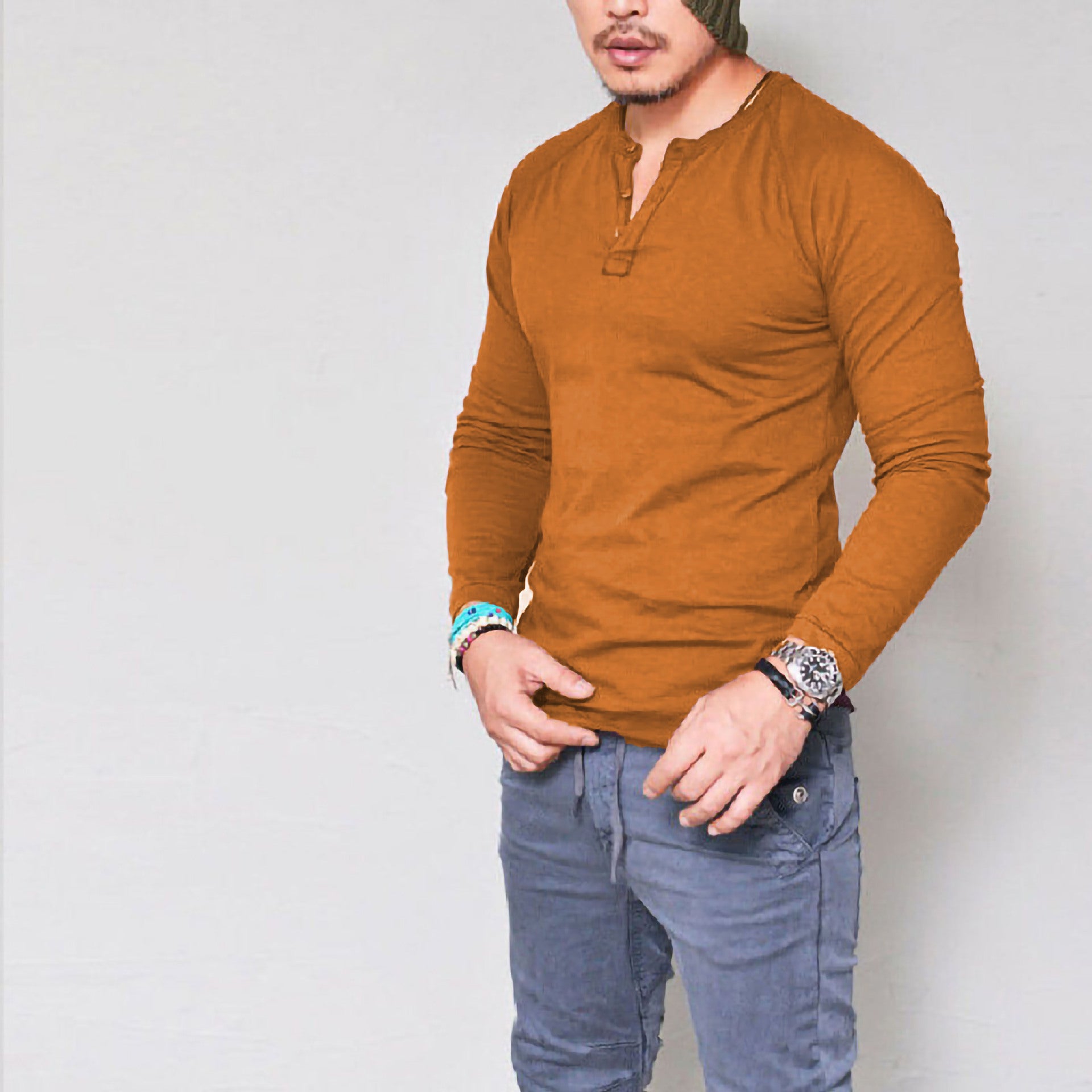 Mens Round Neck Long Sleeve Cotton T-Shirt