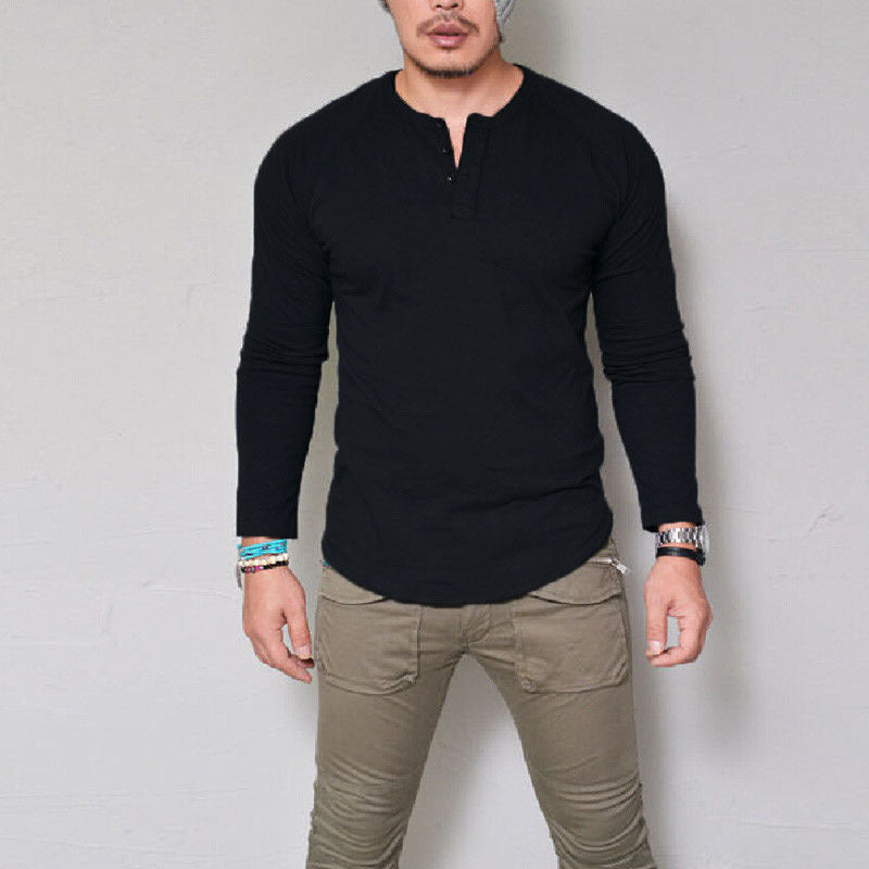 Mens Round Neck Long Sleeve Cotton T-Shirt